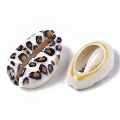 White Printed Natural Cowrie Shell Beads, No Hole/Undrilled, with Leopard Print Pattern, White, 18~21x12~15x7mm
