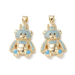 Sky Blue Brass Micro Pave Cubic Zirconia Pendants, Real 16K Gold Plated, Bear Charms, Sky Blue, 28x18x5.5mm, Hole: 5x3mm