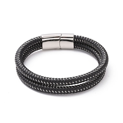 Couleur Acier Inoxydable Bracelet double cordon tressé en microfibre noire avec 304 fermoirs magnétiques en acier inoxydable, bracelet punk pour hommes femmes, couleur inox, 8-1/2 pouce (21.5 cm)