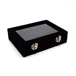 Черный Прямоугольный органайзер для презентаций из бархата для ювелирных изделий с прозрачным окошком и деревянными и железными замками из МДФ, Для браслетов, дисплея ожерелья, чёрные, 15.2x20.3x5 см
