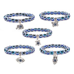 Bleu Royal Bracelet extensible perlé mauvais œil en résine avec breloque en alliage pour hommes femmes, bleu royal, diamètre intérieur: 2-1/8 pouce (5.5 cm)