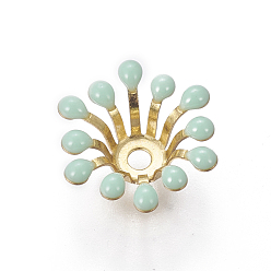 Pale Turquoise Brass Bead Caps, with Enamel, Flower, Golden, Pale Turquoise, 11~12x4mm, Hole: 1.6mm, Inner Diameter: 4mm