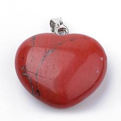Jaspe Rouge Pendentifs naturels de jaspe rouge, avec les accessoires en alliage, cœur, platine, 27~29x28x11mm, Trou: 3.5x5mm