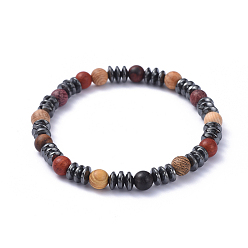 Mixed Material Stretch Bracelets, with Round Wood Beads and Rondelle Non-Magnetic Synthetic Hematite Beads, 2-1/4 inch(5.7cm)
