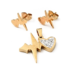 Golden Heartbeat Stud Earrings with 316 Stainless Steel Pins and Crystal Rhinestone Pendant, Vacuum Plating 201 Stainless Steel Jewelry Set, Golden, 11x10.5mm, Pin: 0.7mm, 21x21.5x2.5mm, Hole: 5x2.5mm