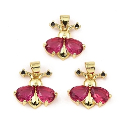 Fuchsia Rack Plating Real 18K Gold Plated Brass Pendants, with Cubic Zirconia, Long-Lasting Plated, Lead Free & Cadmium Free, Insect, Fuchsia, 14.5x16x4.5mm, Hole: 3.5mm