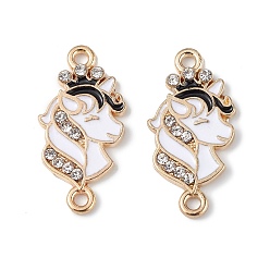 White Alloy Enamel Connector Charms, Unicorn Links with Crystal Rhinestone, Light Gold, Cadmium Free & Nickel Free & Lead Free, White, 23x11.5x2mm, Hole: 1.6mm