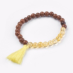 Quartz Crystal Natural Quartz Crystal(Dyed & Heated) Stretch Bracelets, with Wood Beads and Cotton Thread Tassel, 2-1/8 inch(5.5cm)