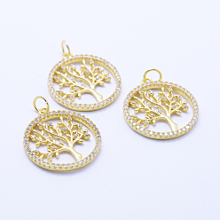 Golden Brass Micro Pave Cubic Zirconia Pendants, Flat Round with Tree of Life, Lead Free & Nickel Free & Cadmium Free, Golden, 22x19.5x2mm, Hole: 3mm