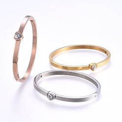 Mixed Color 304 Stainless Steel Bangles, with Rhinestone, Heart, Mixed Color, 2-1/4 inch(5.6cm)x1-7/8 inch(4.7cm), 4~7.5mm