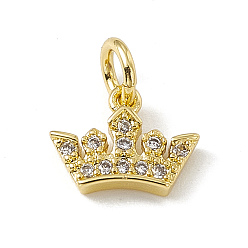 Real 18K Gold Plated Brass Micro Pave Cubic Zirconia Charm, with Jump Rings, Crown Charm, Real 18K Gold Plated, 7x9x2mm, Hole: 2.7mm