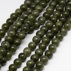 Dark Olive Green Natural Yellow Jade Beads Strands, Dyed, Round, Dark Olive Green, 8mm, Hole: 1mm, about 50pcs/strand, 15.75 inch