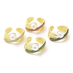 Color mezclado Anillo abierto cruzado de circonita cúbica con cuentas de perlas de plástico, anillos de latón dorado, color mezclado, diámetro interior: 17 mm