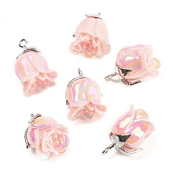 Pink Opaque Resin Pendants, AB Color, Flower Charms with Platinum Tone Alloy Leaf, Pink, 18.5x10x10mm, Hole: 1.4mm