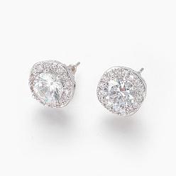 Platinum Cubic Zirconia Stud Earrings, with Brass Findings, Oval, Clear, Platinum, 12x12x7mm, Pin: 0.8mm