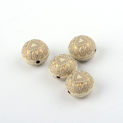 Beige Flat Round with Heart Plating Acrylic Beads, Golden Metal Enlaced, Beige, 15x11.5mm, Hole: 1.5mm, about 309pcs/500g