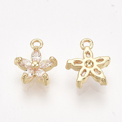 Real 18K Gold Plated Brass Cubic Zirconia Charms, Flower, Clear, Real 18K Gold Plated, 9.5x8x3mm, Hole: 1mm