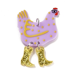 Lilac Opaque Printed Acrylic Big Pendants, with Platinum Iron Jump Ring, Hen with Glitter Boots Charms, Lilac, 51.5x34.5x2mm, Hole: 5mm
