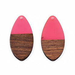 Hot Pink Transparent Resin & Walnut Wood Pendants, Teardrop Shape Charm, Hot Pink, 38x18x3mm, Hole: 2mm