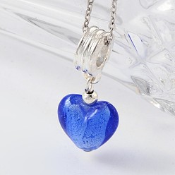 Blue Heart Handmade Silver Foil Lampwork European Dangle Charms, with Silver Color Plated Alloy Findings and Iron Spacer Beads, Blue, 28x12mm, Hole: 4.5mm