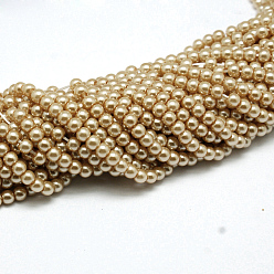 BurlyWood Eco-Friendly  Dyed Glass Pearl Round Beads Strands, Grade A, Cotton Cord Threaded, BurlyWood, 8mm, Hole: 0.7~1.1mm, about 52pcs/strand, 15 inch