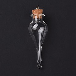 Прозрачный Каплевидная стеклянная пробковая бутылка большие подвески, стеклянная пустая бутылка желаний, с железными петлями в тон платимена, прозрачные, 9.1 см, отверстие : 5 мм