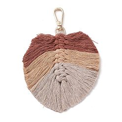Brown Handmade Braided Macrame Cotton Thread Leaf Pendant Decorations, with Brass Clasp, Brown, 13.5cm