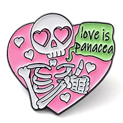 Heart Valentine's Day Black Zinc Alloy Brooches, Skull Pink Enamel Pins for Women, Heart, 27.5x30x1.5mm