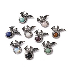 Mixed Stone Natural & Synthetic Mixed Gemstone Dome Pendants, Gragon Charms, with Rack Plating Antique Silver Tone Alloy Findings, Cadmium Free & Lead Free, 44x46x9mm, Hole: 5.5x4mm