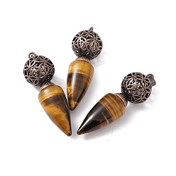 Tiger Eye Natural Tiger Eye Big Pendants, Cone Charms with Rack Plating Brass Hollow Ball, Red Copper, Cadmium Free & Lead Free, 57~58x17.5~18mm, Hole: 8x5mm