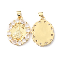 Real 18K Gold Plated Rack Plating Brass Micro Pave Cubic Zirconia Pendants, Long-Lasting Plated, Cadmium Free & Lead Free, Oval with Nossa Senhora Aparecida, Real 18K Gold Plated, 24x18x2.5mm, Hole: 4.7x3.5mm