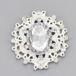 Clear Alloy Cabochons, with Acrylic Rhinestone and Glass Rhinestone, Faceted, Flower, Silver, Clear, 32.5x29x6mm