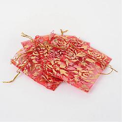 Red Rose Printed Organza Bags, Gift Bags, Rectangle, Red, 18x13cm