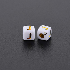 Letter J Opaque White Acrylic Beads, Metal Enlaced, Cube with Letters, Letter.J, 4.5mm, Hole: 2mm, about 5000pcs/500g