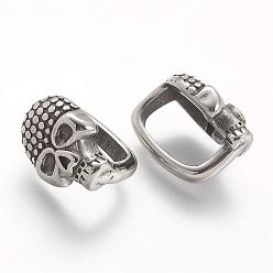 Antique Silver 304 Stainless Steel Slide Charms, Skull, Antique Silver, 15.5x11x13mm, Hole: 7x12mm