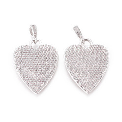 Platinum Brass Micro Pave Cubic Zirconia Pendants, with Tube Bails, Heart, Clear, Platinum, 22x21.5x2mm, Tube Bails: 6x3mm, Hole: 3.5x4mm