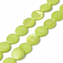 Green Yellow Spray Painted Natural Freshwater Shell Beads Strands, Flat Round, Green Yellow, 12.5x3mm, Hole: 1mm, about 32pcs/strand, 15.63 inch(39.7cm)