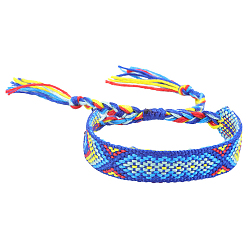 Royal Blue Polyester-cotton Braided Rhombus Pattern Cord Bracelet, Ethnic Tribal Adjustable Brazilian Bracelet for Women, Royal Blue, 5-7/8~11 inch(15~28cm)