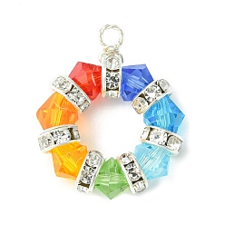 Colorful Faceted Glass Copper Wire Wrapped Pendants, Round Ring Charms, Colorful, 24.5x21x6mm, Hole: 2.2mm