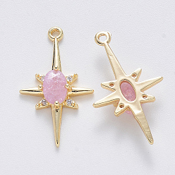 Pearl Pink Brass Glass Charms, with Micro Pave Cubic Zirconia, Nickel Free, Star, Real 18K Gold Plated, Pearl Pink, 21.5x12.5x3.5mm, Hole: 1.2mm