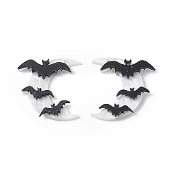 White Opaque Acrylic Pendants, Moon with Bats Charms, Halloween Theme, White, 35.5x34x4mm, Hole: 1.6mm, 2pcs/set