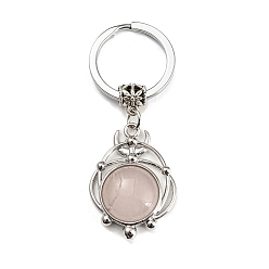 Quartz Rose Porte-clés pendentif quartz rose naturel, plat rond, avec les accessoires en laiton, argent antique et platine, 65~66mm