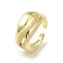 Real 18K Gold Plated Rack Plating Brass Micro Pave Cubic Zirconia Open Cuff Ring, Criss Cross Ring, Long-Lasting Plated, Lead Free & Cadmium Free, Real 18K Gold Plated, Inner Diameter: 18mm