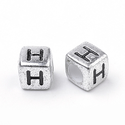 Letter H Plated Acrylic Beads, Horizontal Hole, Cube with Letter, Antique Silver, Letter.H, 6mm, Hole: 3mm, about 3000pcs/500g