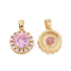 Real 18K Gold Plated Brass Micro Pave Cubic Zirconia Charms, Flat Round, Clear & Pink, Real 18K Gold Plated, 13.5x12.5x6.5mm, Hole: 2.8x5mm