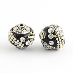 Black Handmade Indonesia Beads, with Crystal Rhinestones and Alloy Cores, Round, Antique Silver, Black, 14~16x14~16mm, Hole: 1.5mm