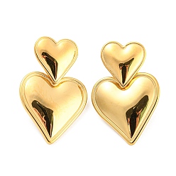 Золотой 304 серьги-гвоздики из нержавеющей стали с двойным сердечком для женщин, золотые, 32.5x20 мм
