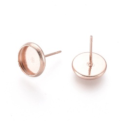Or Rose 304 sertissage de boucles d'oreille en acier inoxydable, plat rond, or rose, plateau: 8 mm, 10 mm, pin: 0.8 mm