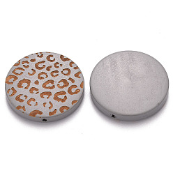 Silver Painted Natural Wood Beads, Laser Engraved Pattern, Flat Round with Leopard Print, Silver, 30x5mm, Hole: 1.6mm