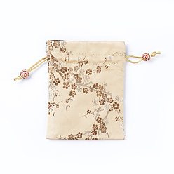 Bisque Silk Packing Pouches, Drawstring Bags, with Wood Beads, Bisque, 14.7~15x10.9~11.9cm